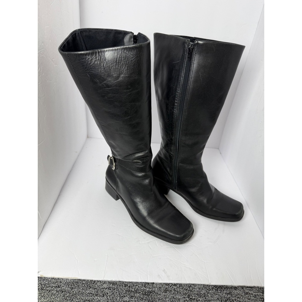 Naturalizer Black Leather Tall Boots Square Toe Side Zip Block Heel 8M 870NA28